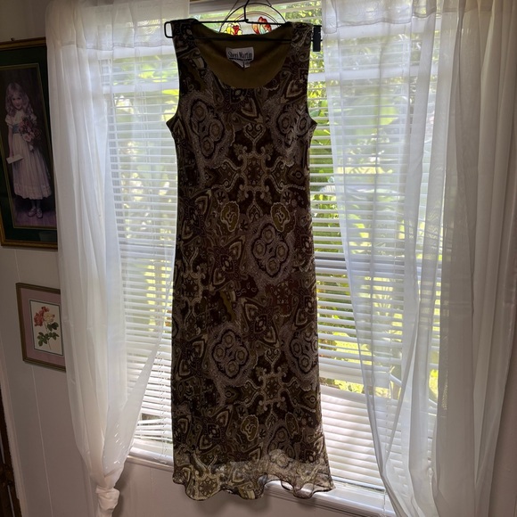 VTG Y2K Sheri Martin Women’s Whimsical Cottage Green Brown Paisley Midi Dress 8 - Picture 1 of 9